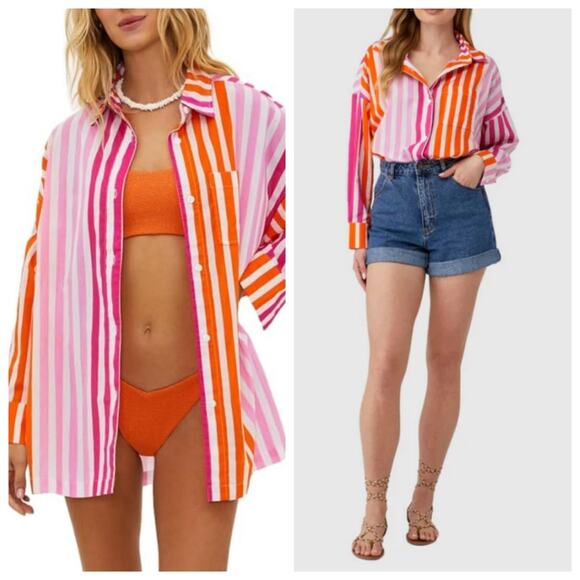 Beach Riot Alexa Sunset Stripes Collared Blouse Swim Cover - Picture 1 of 9